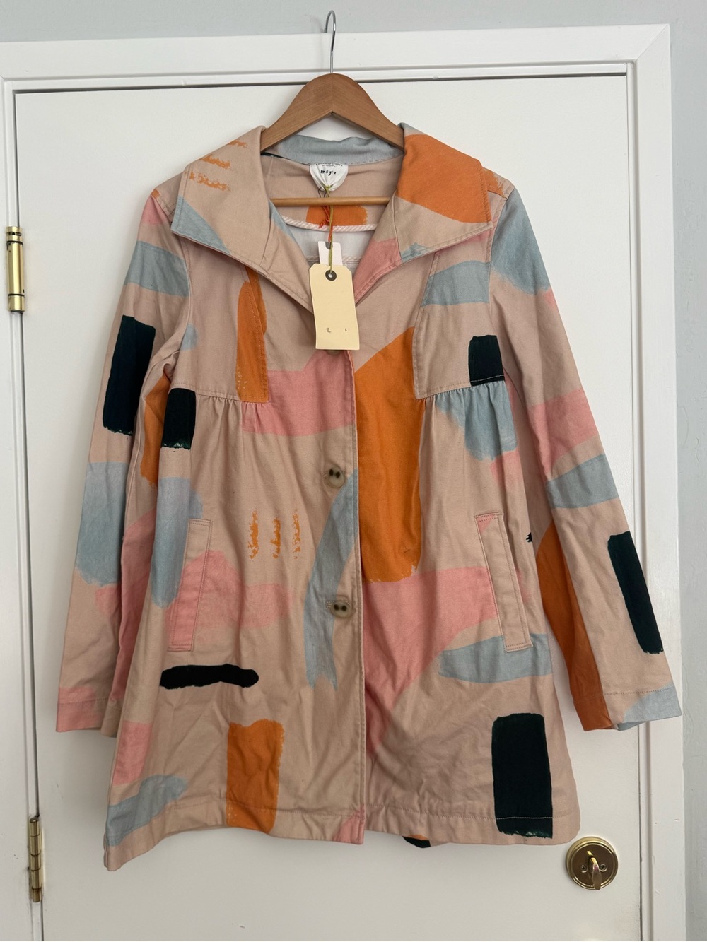 Anthropologie Patchwork Trench Coat in Pink, Orange & Blue